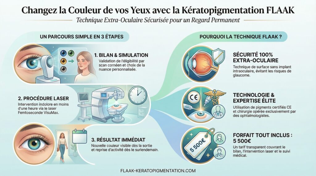 infographie-etapes-prix-keratopigmentation-flaak Infographie expliquant les 3 étapes de la kératopigmentation FLAAK et ses garanties de sécurité.