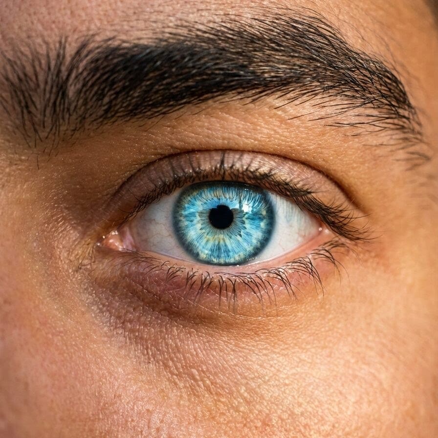 Gros plan sur des yeux de couleur bleu Riviera après une intervention de kératopigmentation.