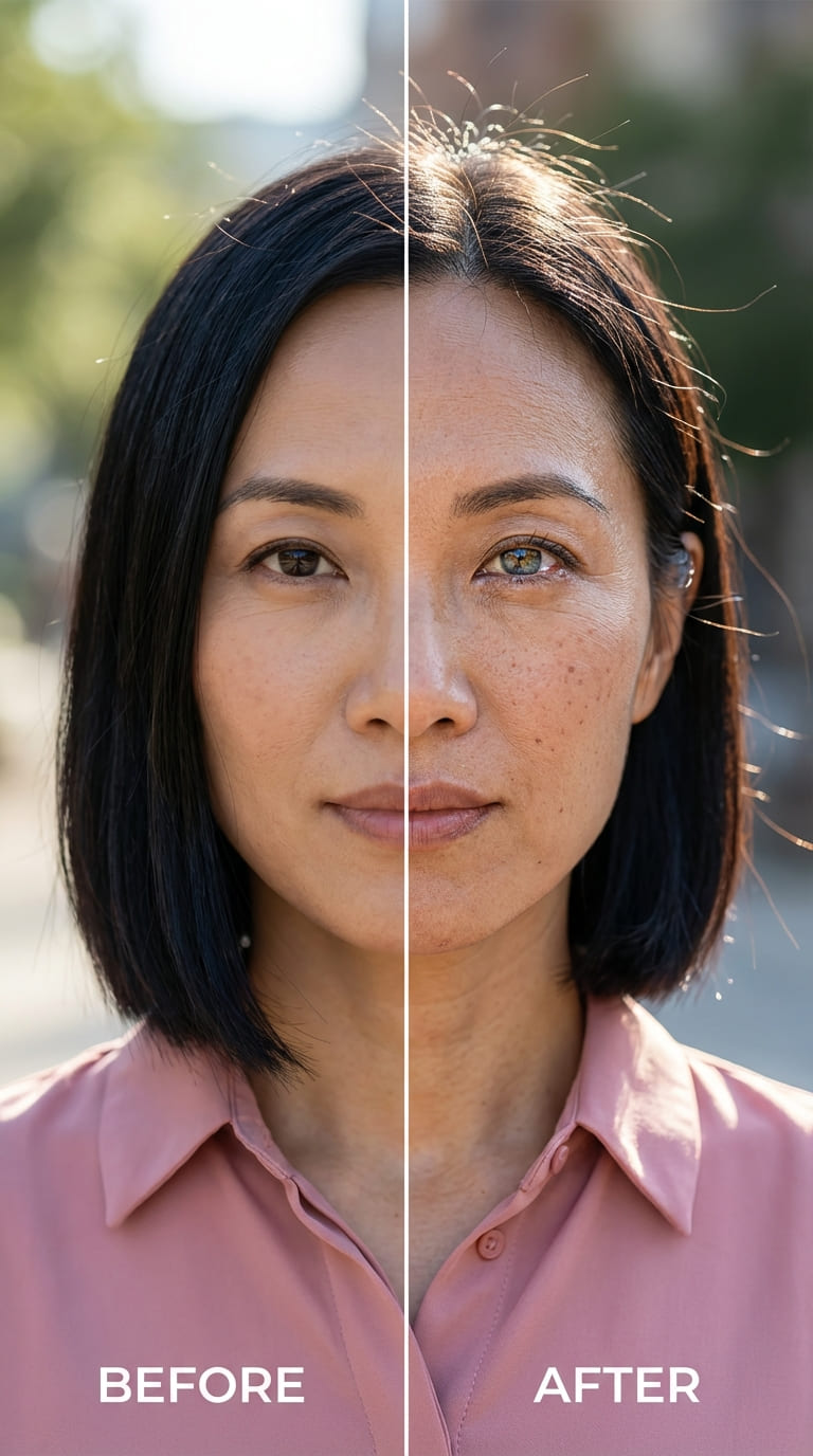 Comparaison avant-après d'un changement de couleur des yeux par kératopigmentation sur un visage féminin.