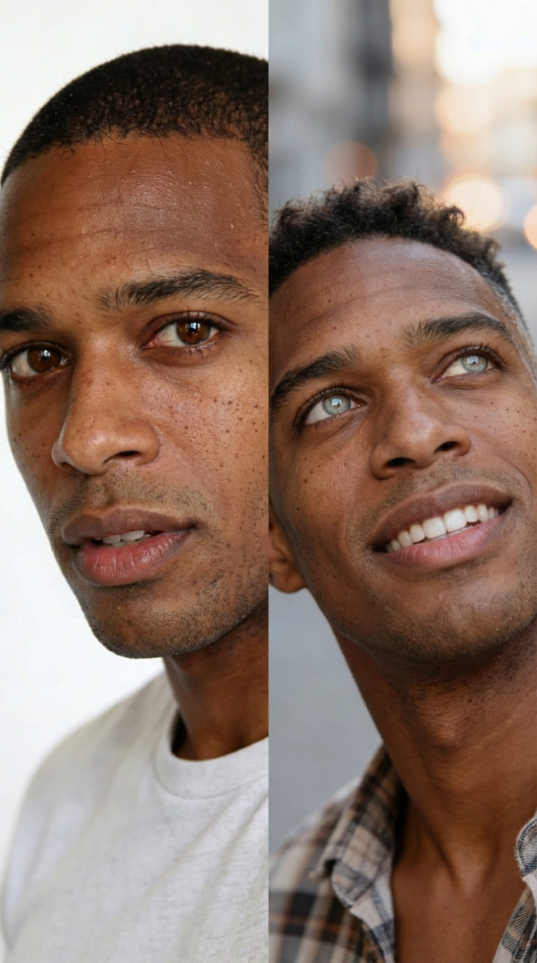 resultat-avant-apres-keratopigmentation-homme Résultat naturel d'une kératopigmentation FLAAK réalisée avec des pigments certifiés CE et un laser VisuMax.