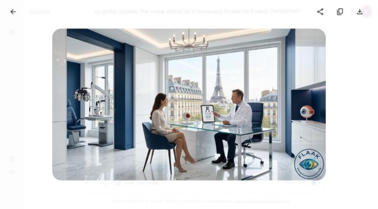 FLAAK keratopigmentation clinic Paris - luxury ophthalmology consultation with Eiffel Tower view
