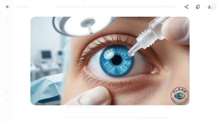 Keratopigmentation recovery process - close-up of blue eye with eye drops being applied after keratopigmentation surgery at FLAAK clinic Paris